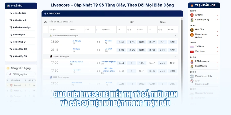 Giao diện Livescore hiển thị tỷ số, thời gian và các sự kiện nổi bật trong trận đấu